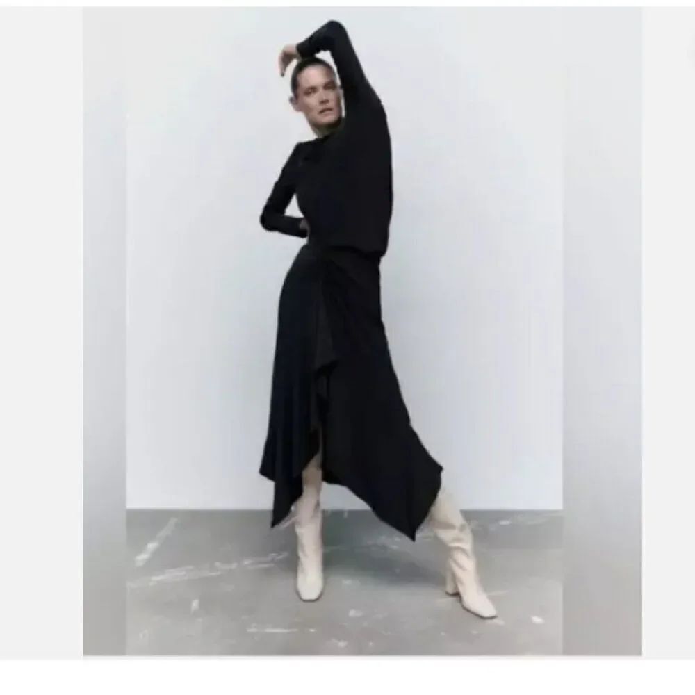 Zara Womens Midi Dress M Black Knot Front Midi Long Sleeve Cocktail 1165/549 NWT